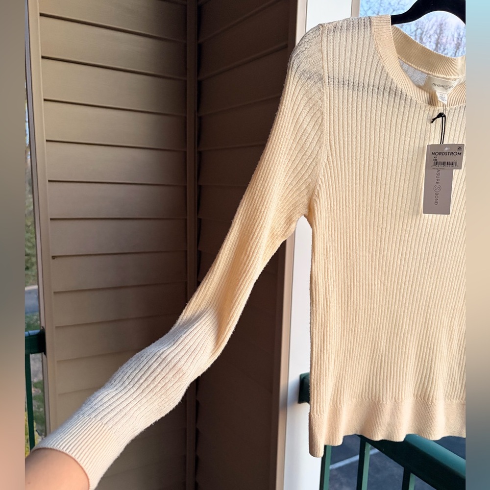 🆕🌾Treasure & Bond Ribbed Sweater XS Cream Stretch Soft Knit Top Minimalist $59 - Picture 11 of 13